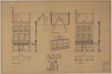 217319 Opstanden van de voorgevels, doorsneden en situatie voor en na de restauratie van het pand Vismarkt 3 te Utrecht.